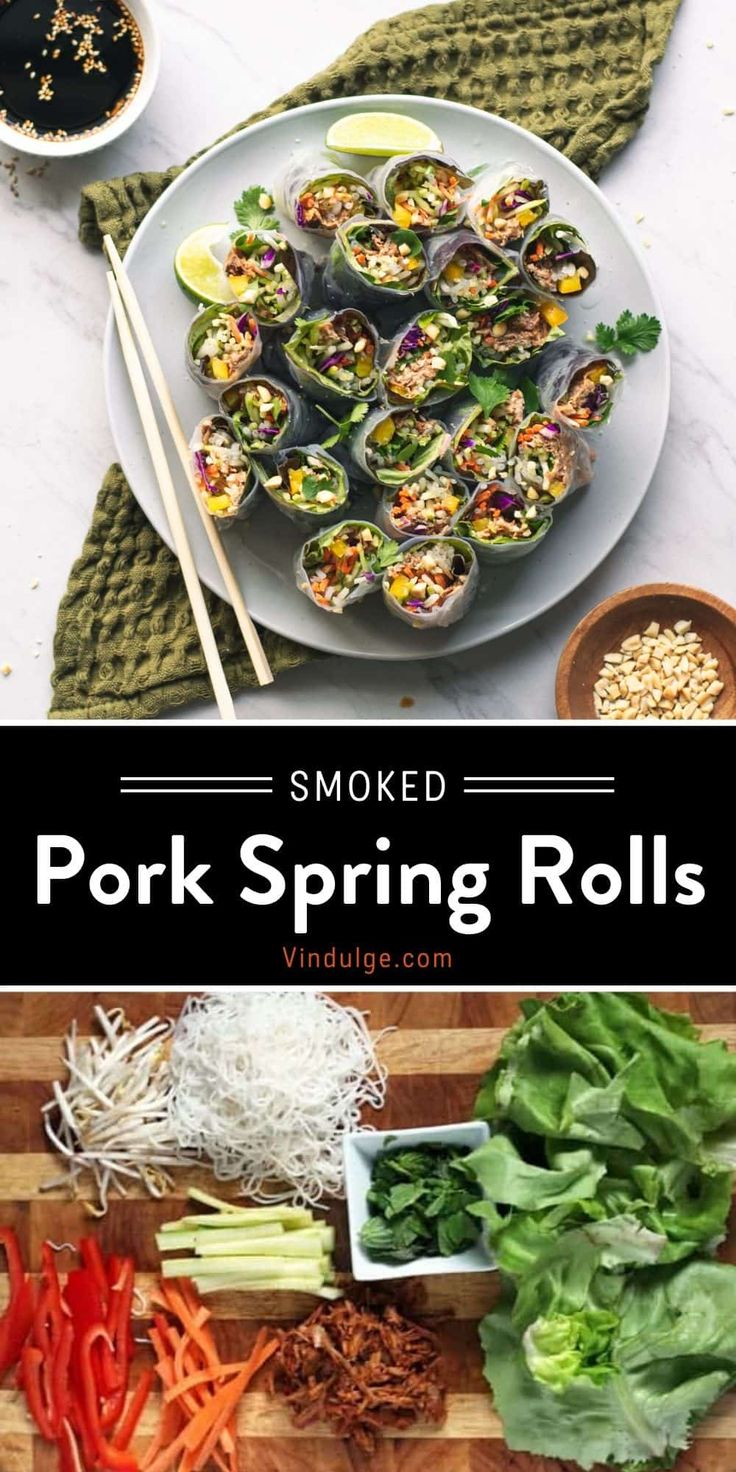 an image of pork spring rolls on a plate with chopsticks and vegetables next to it