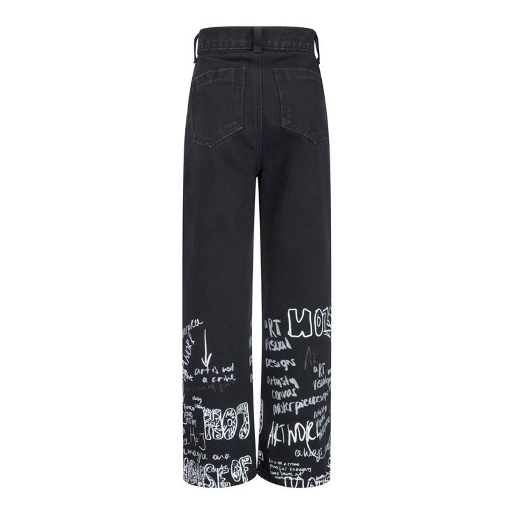 Luxury Urban styled black Straight legged jeans with illustrated typography detailed across the bottom legs of the jeans. Illustrated Typography, Straight Legged Jeans, Graffiti Sketch, The Jeans, Printed Jeans, Designer Jeans, Illustration Print, Urban Fashion, Straight Leg Jeans