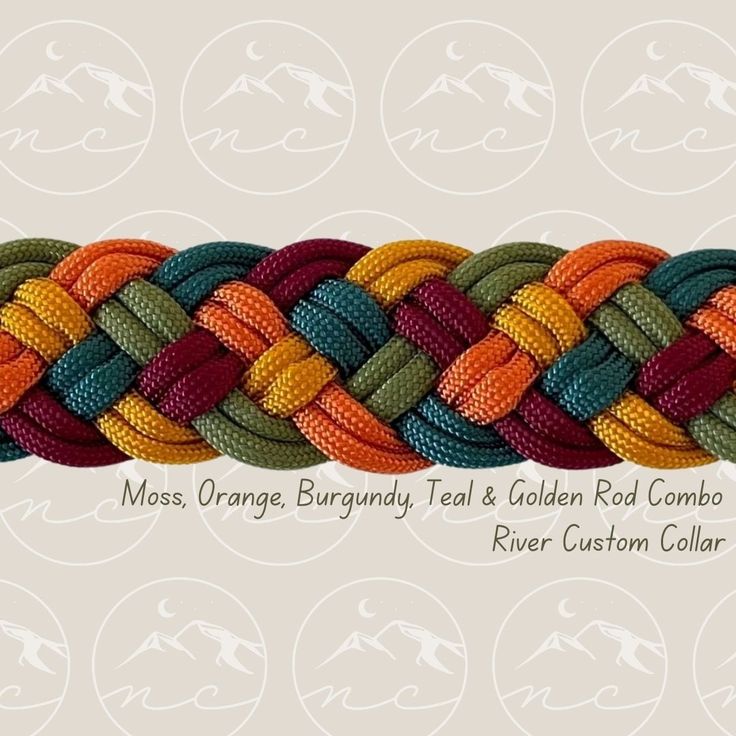 a multicolored rope with the words moss orange, burgundy, yellow and green