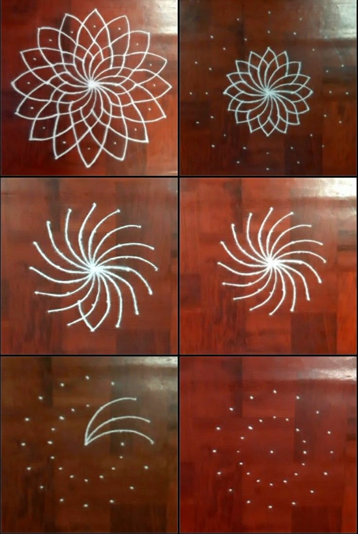 four different types of white paint on wood flooring, each with an intricate flower design