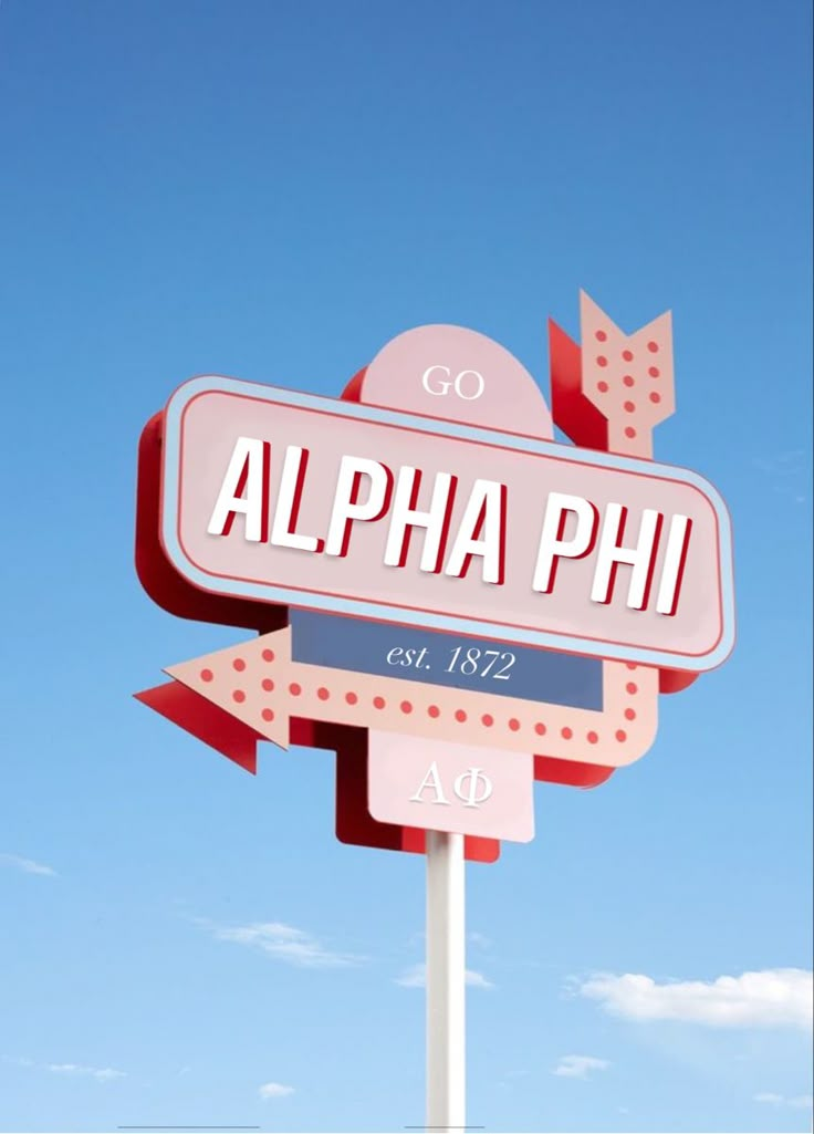 a pink sign that says alpha phu on it's side against a blue sky