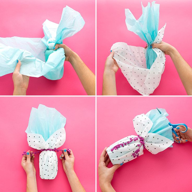 four pictures showing how to make tissue paper flowers with scissors and glue on pink background