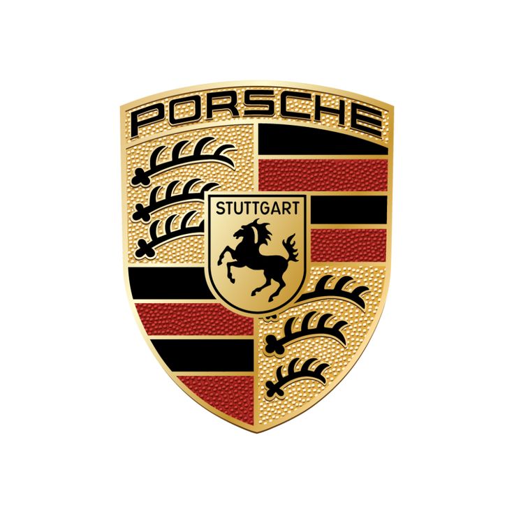 the porsche logo is shown in gold and red, with black stripes on it's side