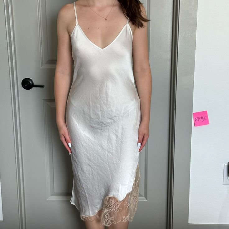 Never Worn! Beautiful!! Elegant Sheer Daywear Dress, Elegant Sheer Slip Dress For Date Night, Elegant Sheer Silk Dress For Spring, White Midi Slip Dress With Lace Trim, White Midi Length Slip Dress With Lace Trim, Spring Silk Dress With Lace Trim, Sheer Fitted Silk Dress For Spring, Fitted Sheer Silk Dress For Spring, Elegant Knee-length Slip Dress With Lace Trim