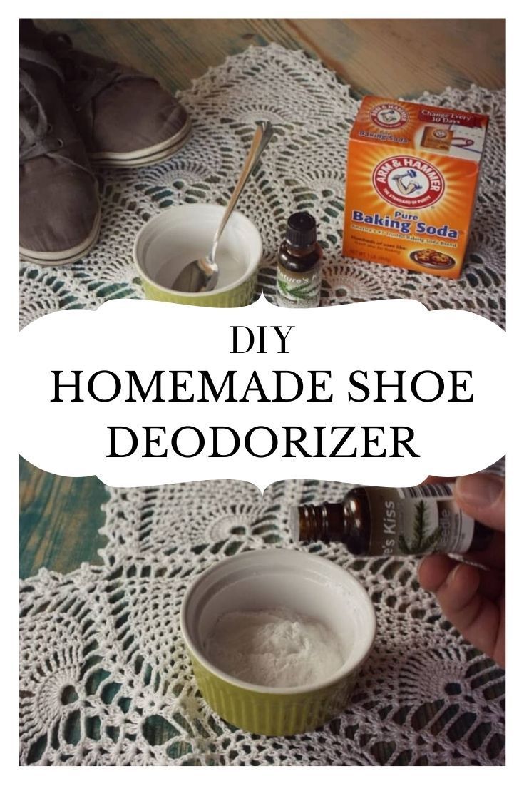 the homemade shoe deodorizer is in a green bowl and on top of a doily