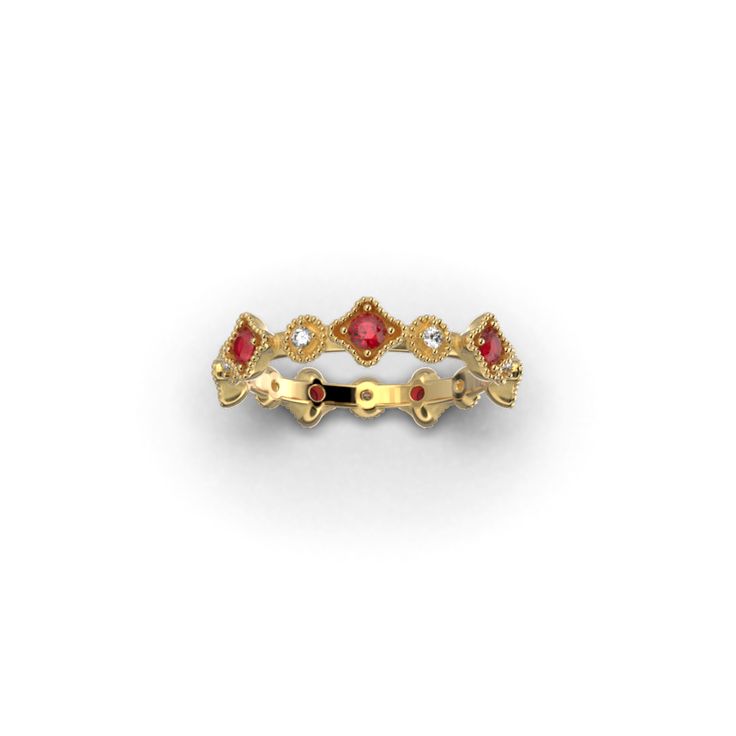 Ruby and Diamonds Eternity Gold Band made in Italy by Oltremare Gioielli Elegant Red Round Eternity Band, Elegant Red Round Cut Eternity Band, Elegant Red Eternity Band Promise Ring, Elegant Red Promise Stackable Rings, Elegant Red Eternity Band As Promise Ring, Elegant Red Eternity Band As A Gift, Elegant Red Eternity Band For Anniversary, Elegant Ruby Ring With Diamond Halo, Elegant Ruby Halo Ring With Diamonds