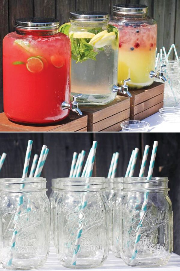 two pictures of drinks in mason jars with straws and drinking glasses next to each other