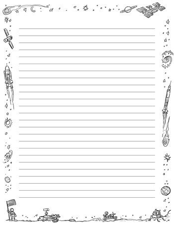 a lined paper with space and stars in the middle, as well as writing on it