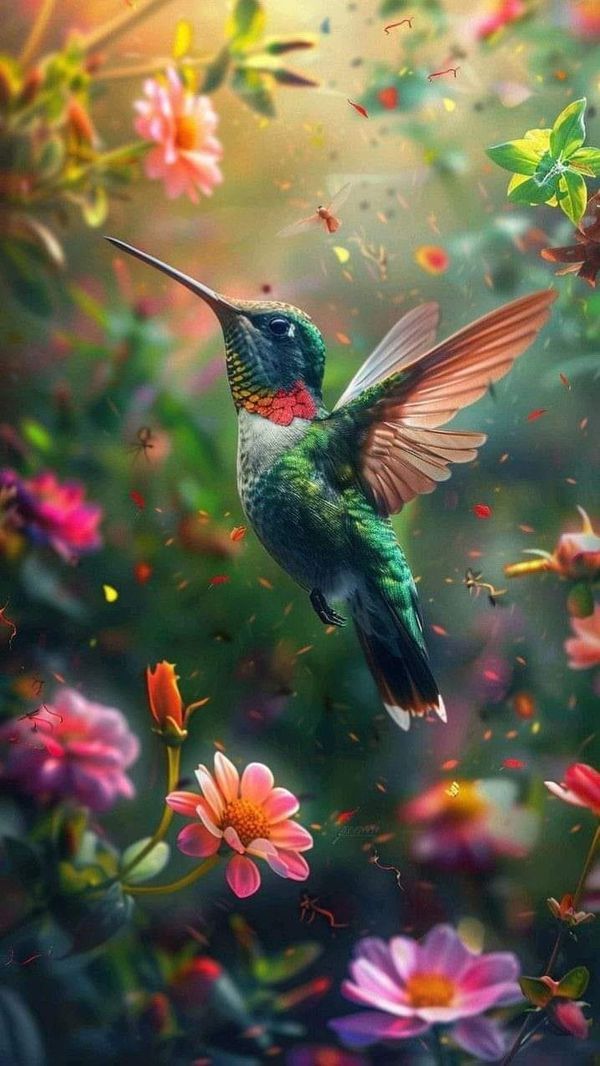 a hummingbird flying through the air near flowers