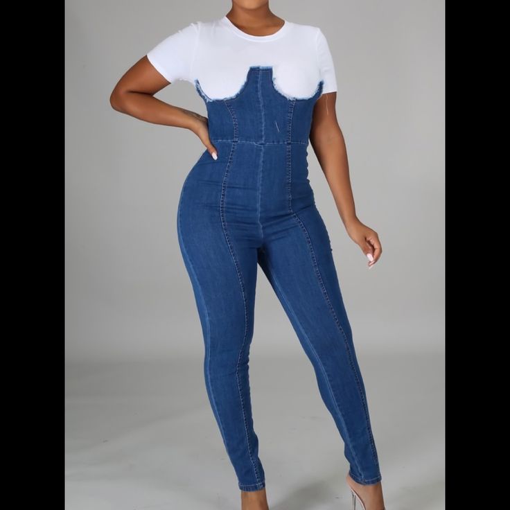 Stretch Denim Back Zip Closure 80% Cotton 17% Polyester 3% Spandex Contrast (94% Cotton 6 % Spandex) Stretch Denim Blue Denim Jumpsuit, Stretch Denim Blue Jumpsuit, Stretch Denim Jumpsuit In Denim Blue, High Rise Stretch Denim Jumpsuit, Medium Wash Fitted Overall Jumpsuit, High Waist Stretch Denim Jumpsuit, Fitted Medium Wash Overall Romper, Fitted Medium Wash Overall Jumpsuits And Rompers, Stretch High-waisted Denim Jumpsuit