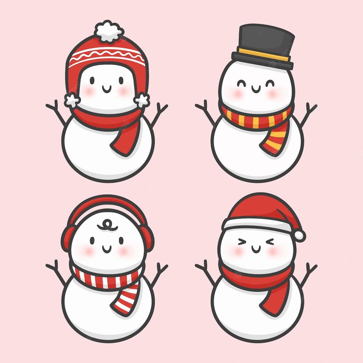 four snowmen wearing hats and scarves