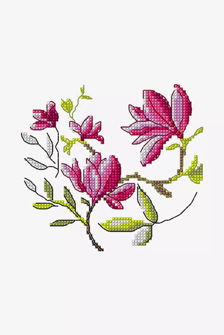 a pink flower with green leaves is shown in the middle of a cross stitch pattern