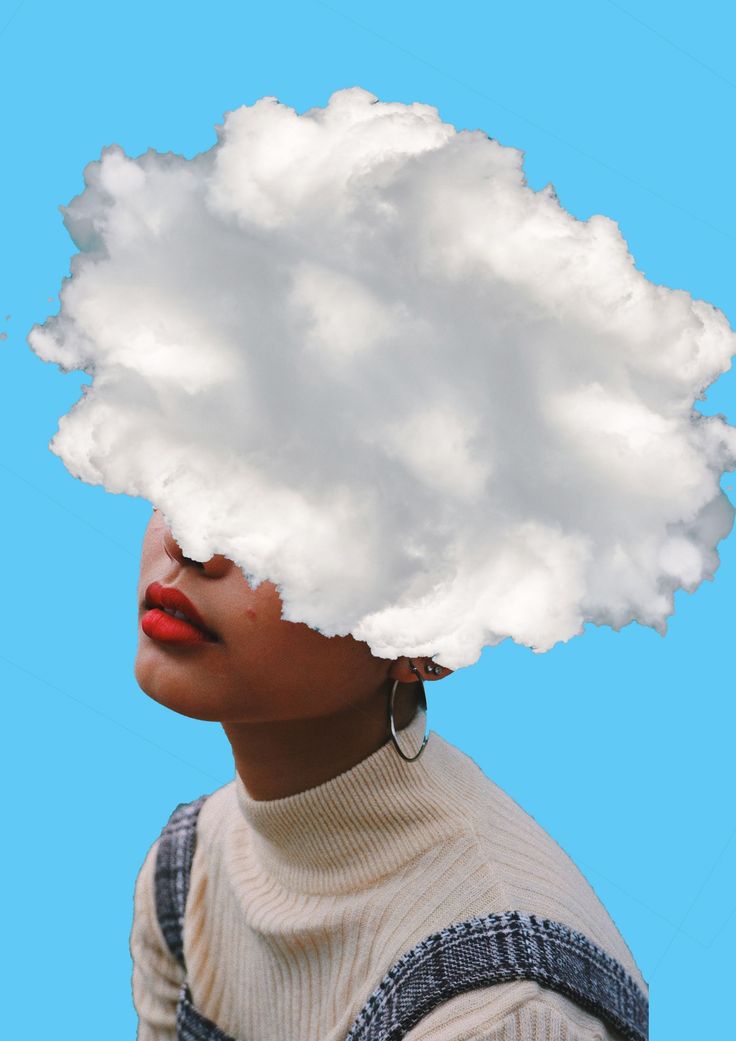 a woman with a cloud on her head in front of a blue sky and white clouds