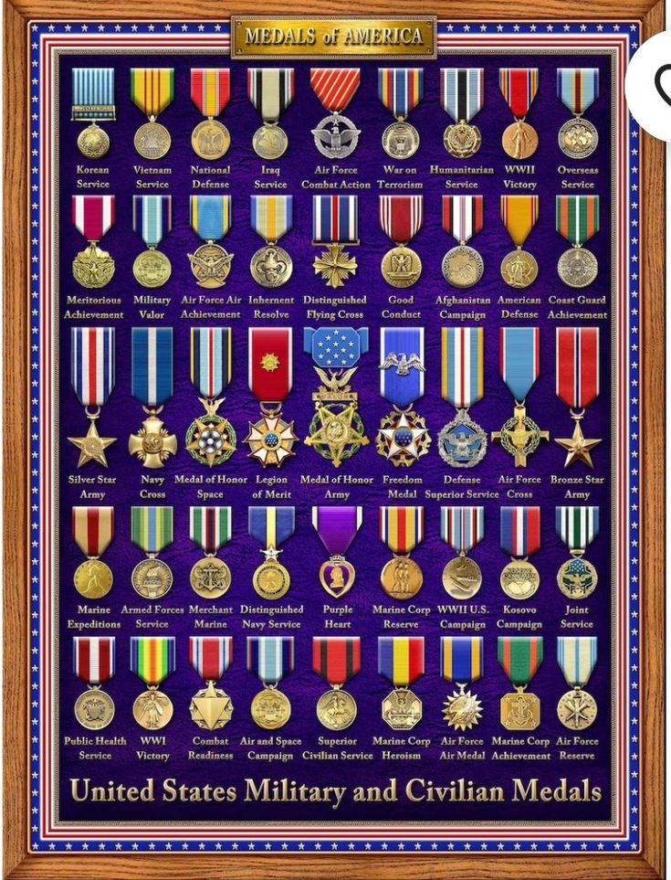 a framed poster with medals on it