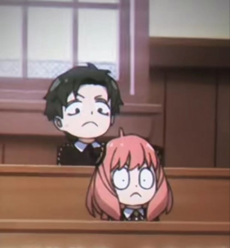 two anime characters are sitting in the courtroom