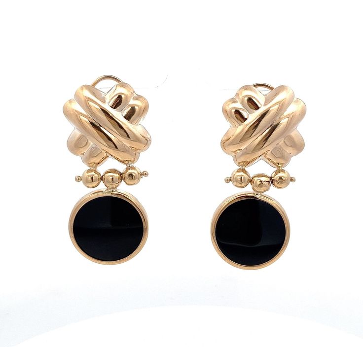 "Round Black Onyx Gemstone Polished Door Knocker Earrings   14k Yellow Gold ET1026 These stunning round black onyx gemstone earrings are beautifully crafted with a polished finish and French clip omega back for a secure and comfortable fit. Made in Italy with 14k yellow gold, they feature a unique door knocker design that adds an elegant touch to any outfit. Black onyx is believed by some to have protective properties, making these earrings both fashionable and meaningful. Metal Content: 14K Yellow Gold Flat, Round Onyx Gemstones; 18mm Earring Measurements Drop Length including hook:  1 3/4\" (45mm) Width:  3/4\" (19mm) Weight:  10.61 Grams Stamps: 14k Condition: Excellent Estate Earrings Each piece is thoroughly examined and refinished as needed by our professional jewelers, tested to gua Luxury Black Earrings With Polished Finish, Luxury Onyx Drop Earrings, Black Polished Evening Earrings, Black Polished Finish Earrings For Evening, Black Polished Earrings For Evening, Black Polished Finish Fine Jewelry Earrings, Polished Round Earrings For Evening, Round Polished Evening Earrings, Round Polished Finish Earrings For Evening