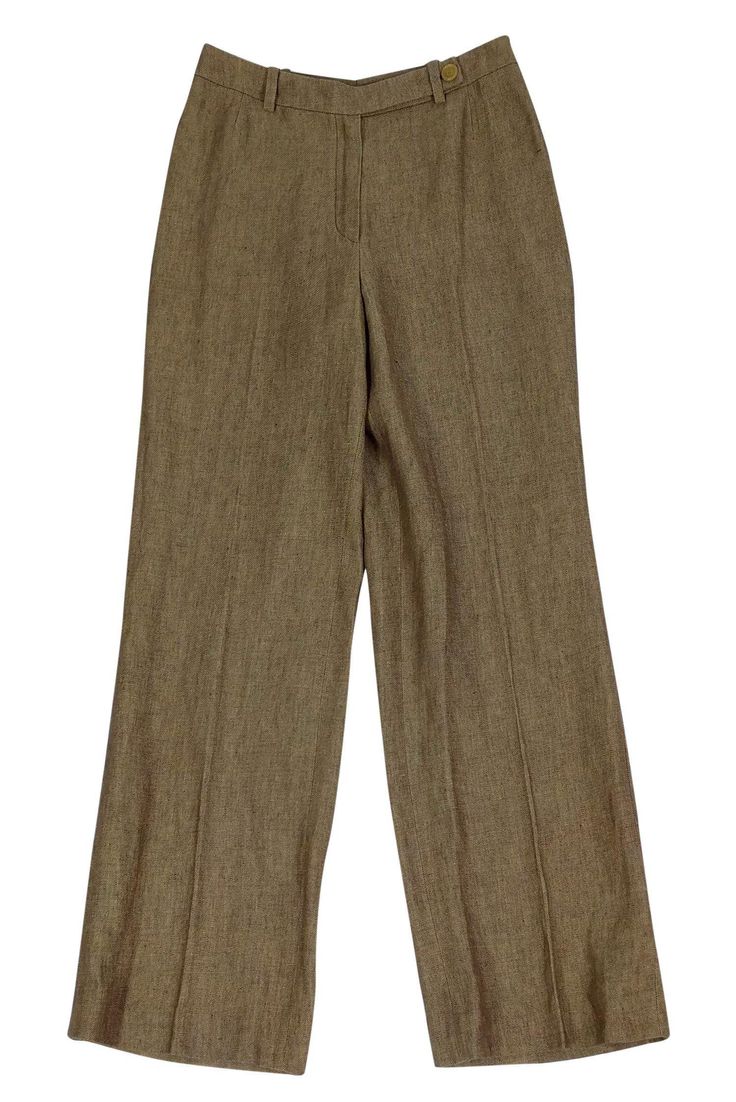 Current Boutique-Akris - Tan Linen Trousers Sz 6 Classic Brown Linen Pants, Classic Full Length Wide Leg Linen Pants, Classic Full Length Linen Wide Leg Pants, Classic Full-length Linen Wide Leg Pants, Brown Linen Bottoms For Spring, Brown Linen Wide Leg Pants For Summer, Classic Brown Linen Bottoms, Brown Linen Wide Leg Pants For Spring, Spring Brown Linen Wide Leg Pants