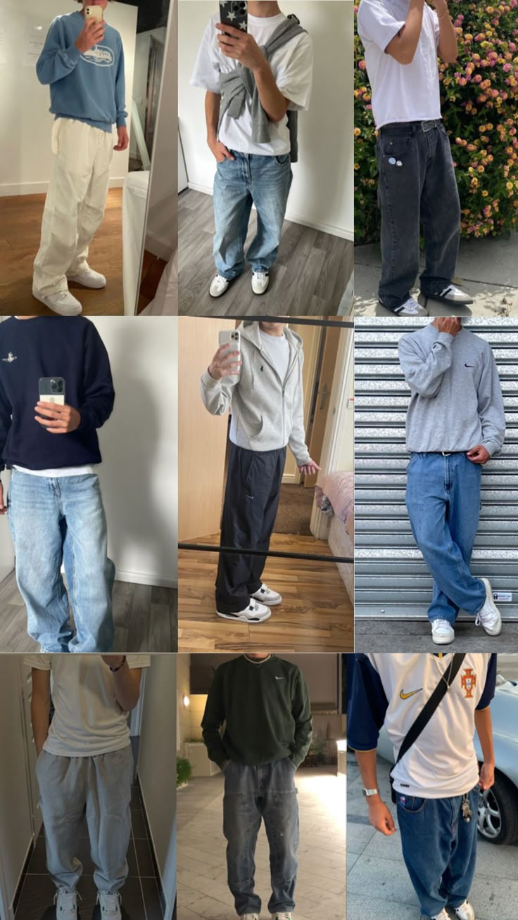 several pictures of people wearing different types of clothing and shoes, one is taking a selfie