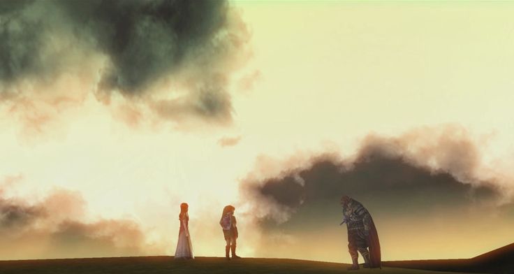 three people standing on top of a grass covered hill under a sky filled with clouds