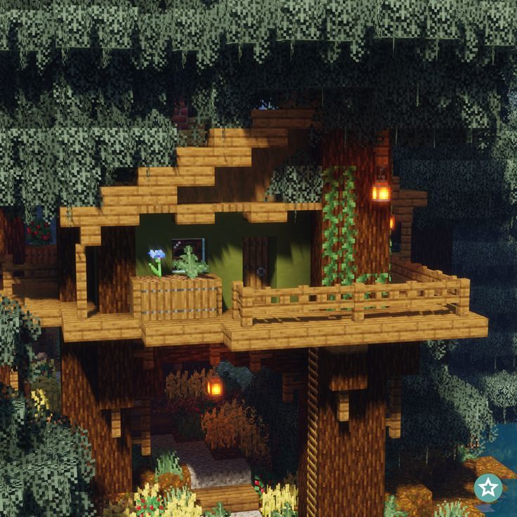 A one-story Treehouse in the game Minecraft supported by six individual trees. It is located in a dense Northern Forest. The frame is mainly made out of Spruce Wood. The walls have a dark green finish which matches perfectly with the leaves of the trees. There are two balcony's, one located in the front and the other located on the left side of the house. Beneath the treehouse there are some crop fields. Treehouse In Minecraft, Minecraft Cottage House, Minecraft Treehouses, Minecraft Tree, Minecraft Garden, Minecraft Aesthetic, Minecraft Structures, Building A Treehouse, Bangunan Minecraft