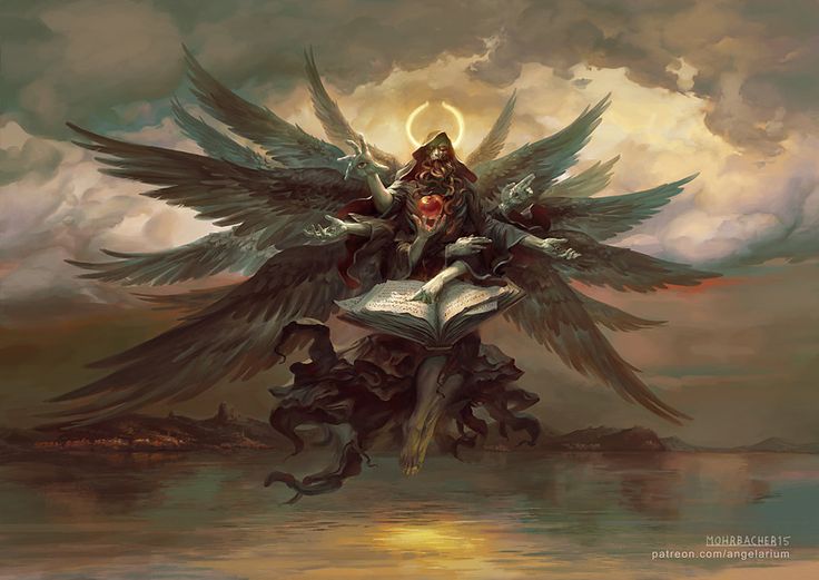 a painting of an angel sitting on top of a book with its wings spread out