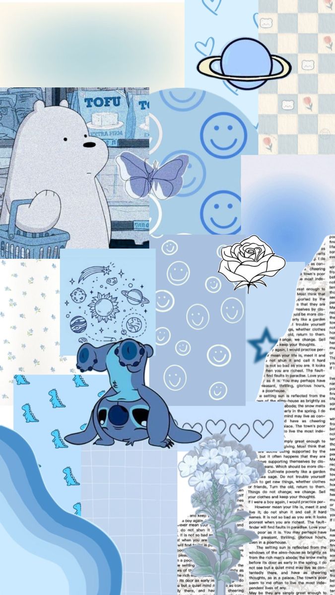 a collage of blue and white images with animals, flowers, and words on them