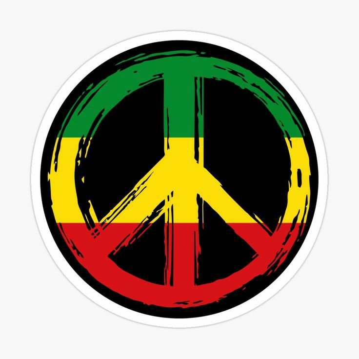 a peace sign painted in the colors of raspberry red, yellow and green