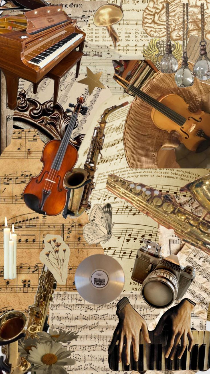 a collage of musical instruments and music notes