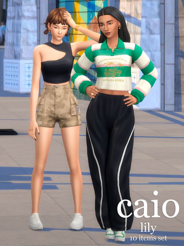 two young women standing next to each other in front of a building with the caption caio fly to items set