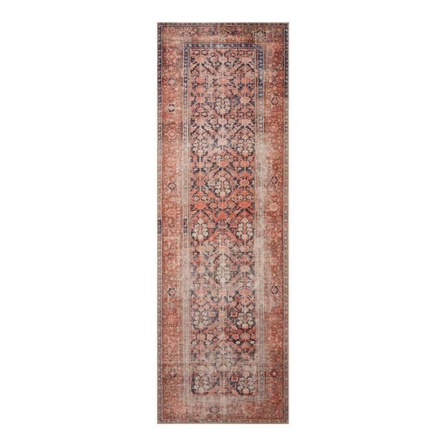 an antique persian runner rug with red and blue colors on the bottom, in front of a white background