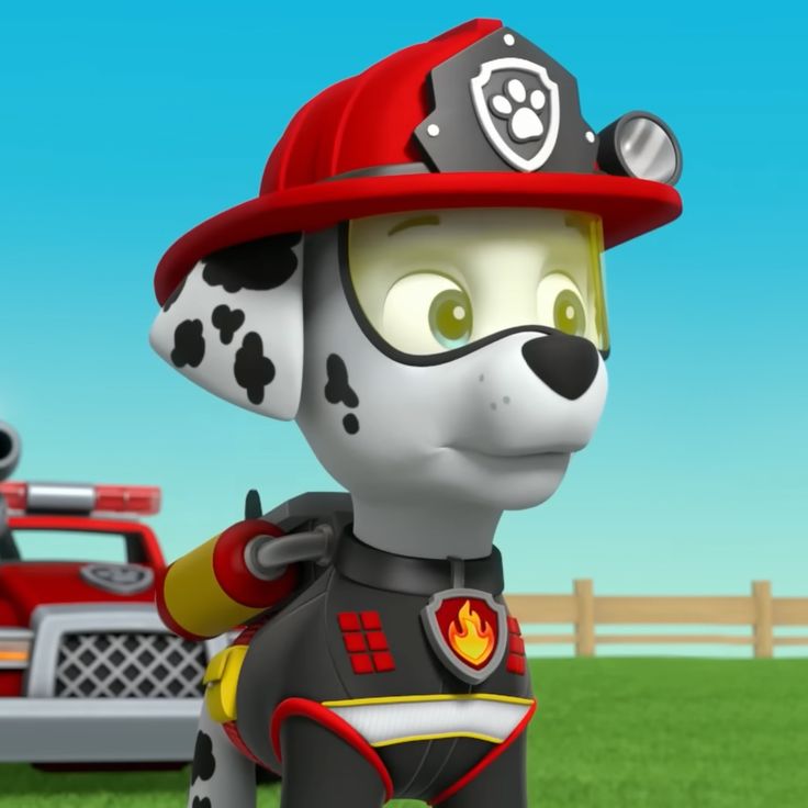 a cartoon dog wearing a fireman's hat and uniform standing in front of a fire truck