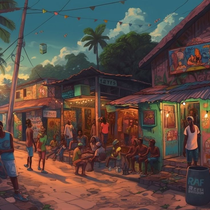 a painting of people walking down the street in front of shops and buildings at night