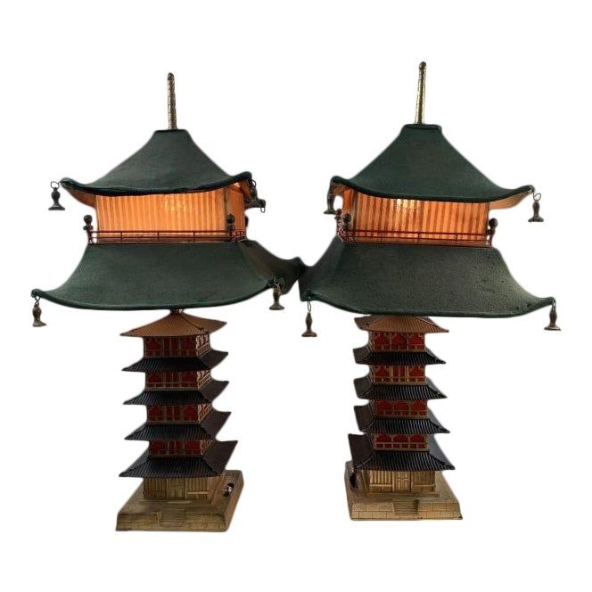 Art Deco Pagoda Lamps - a Pair Art Deco Theater, Deco Lighting, Landmarks Art, Arched Mirror, Brass Bell, Flower Sculptures, Wood Wall Shelf, Art Deco Lighting, Music Boxes