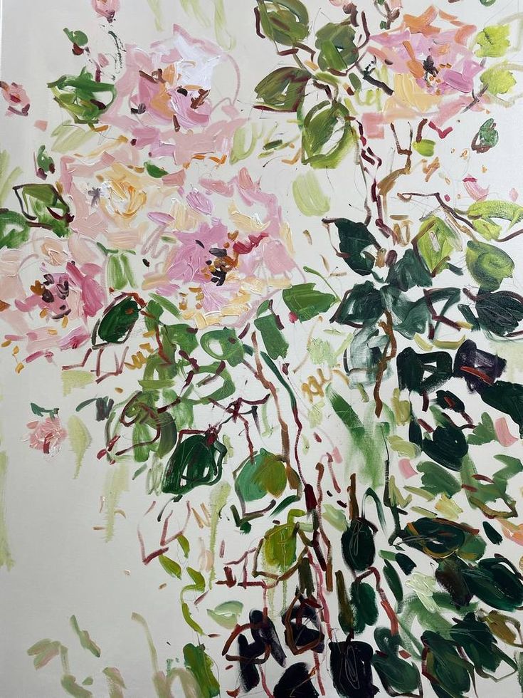 an abstract painting of flowers on a white background with green and pink leaves in the foreground