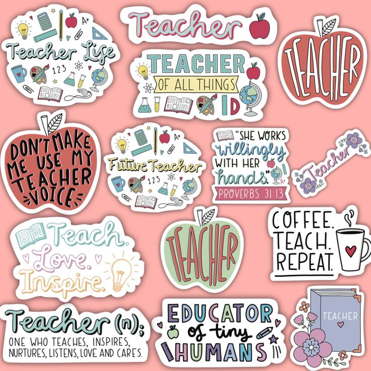 many different stickers on a pink background with the words teacher and coffee mugs