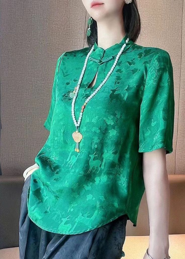 Handmade Green Mandarin Collar Print Oriental Button Silk Blouses Short SleeveFabric: Silk blendedSize & Fit: Fit: This garment fits true to size.Length: Size s measures 24.96"from shoulder to hemBust: Great for any cup size. Waist: Loose Fit. Comfortable room throughout midsection.Hip: Loose Fit - room for hips. Hand Wash Cold. Blouses Short Sleeve, Long Fall Dresses, Silk Party Dress, Chiffon Long Dress, Silk Blouses, Silk Dress Long, Blouse Short Sleeve, Comfortable Room, Cup Size