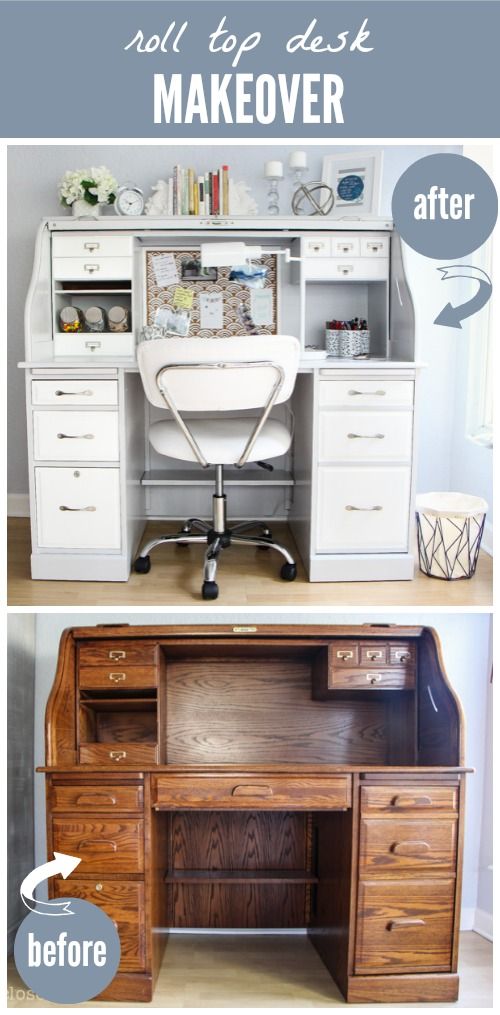 the before and after photo shows how to paint an old wooden desk with white drawers