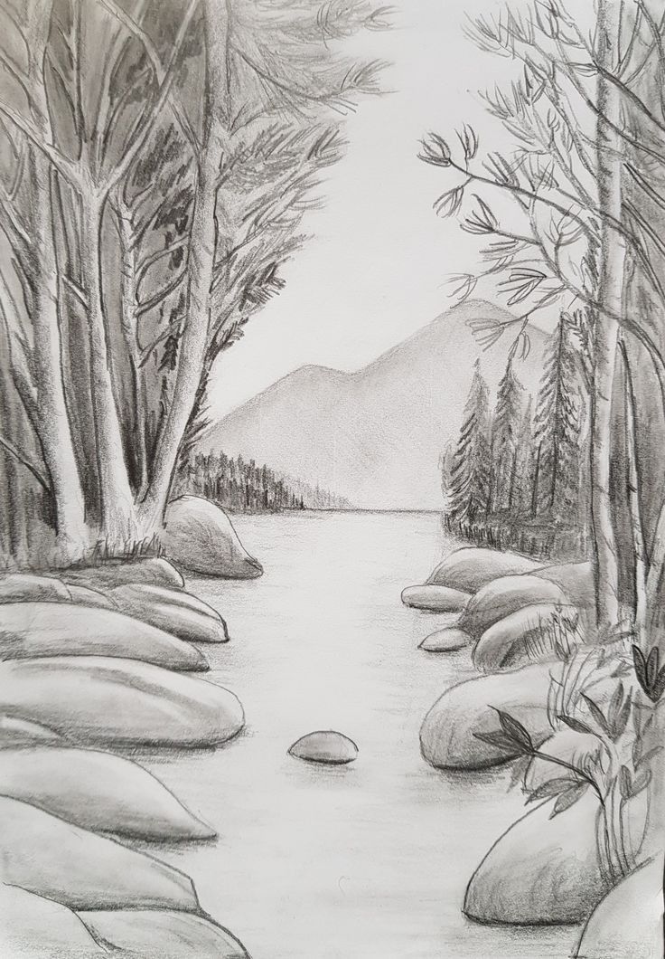 a pencil drawing of a river surrounded by rocks and trees with mountains in the background