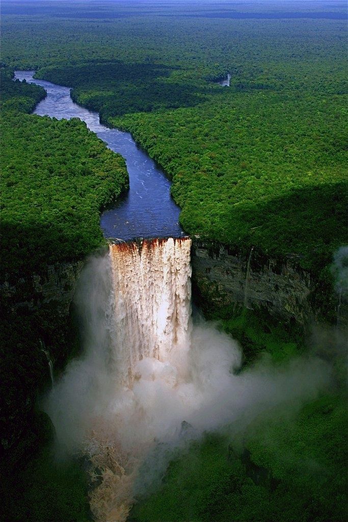 an aerial view of a large waterfall in the middle of a green field with trees