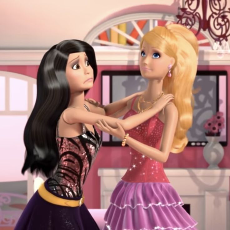 two barbie dolls standing next to each other in a room with pink walls and furniture