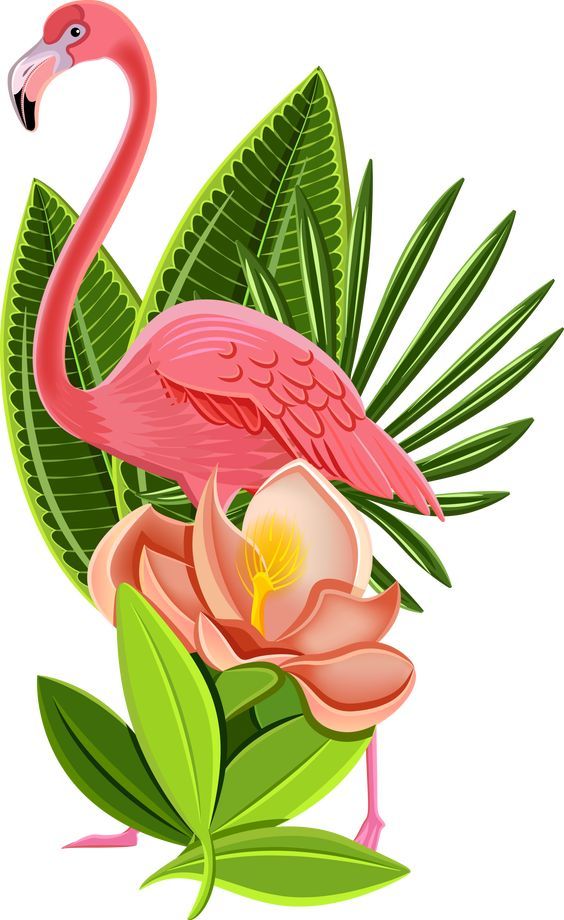 a pink flamingo standing on top of a lush green plant next to a flower