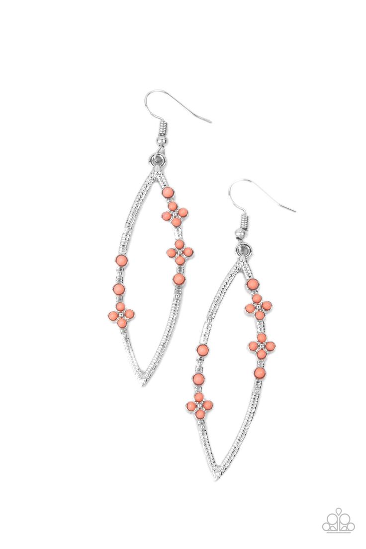 Dainty Burnt Coral beads adorn the front of a textured silver frame, creating colorful floral accents. Earring attaches to a standard fishhook fitting.

 Sold as one pair of earrings. Easy Jewelry, Orange Earrings, Coral Earrings, Unique Boutique, Paparazzi Accessories, Coral Beads, Paparazzi Jewelry, Silver Frame, Necklace Earring Set