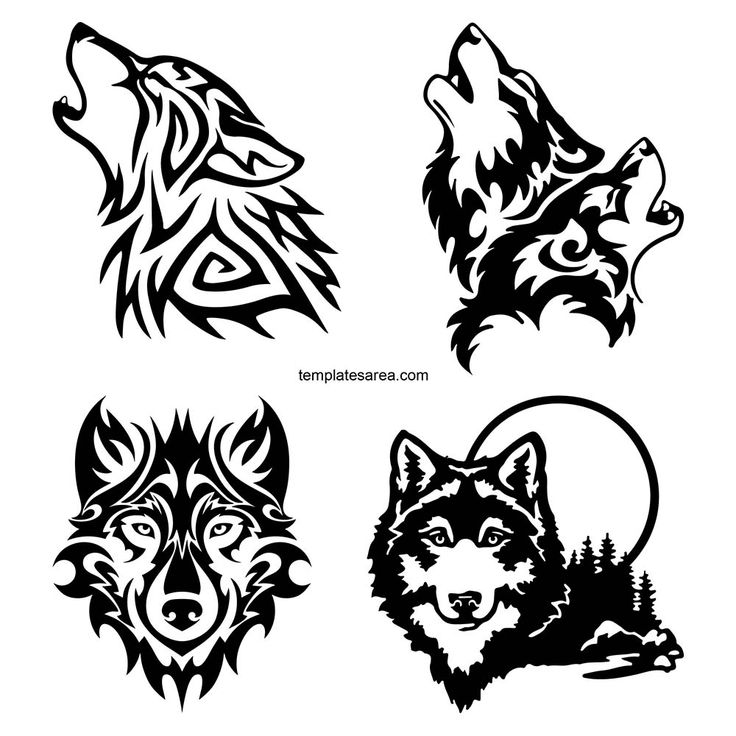 four wolfs with different designs on their faces and the head is shown in black