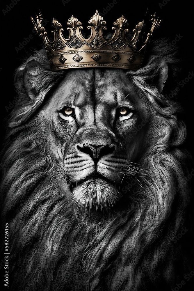 a black and white photo of a lion with a crown on it's head