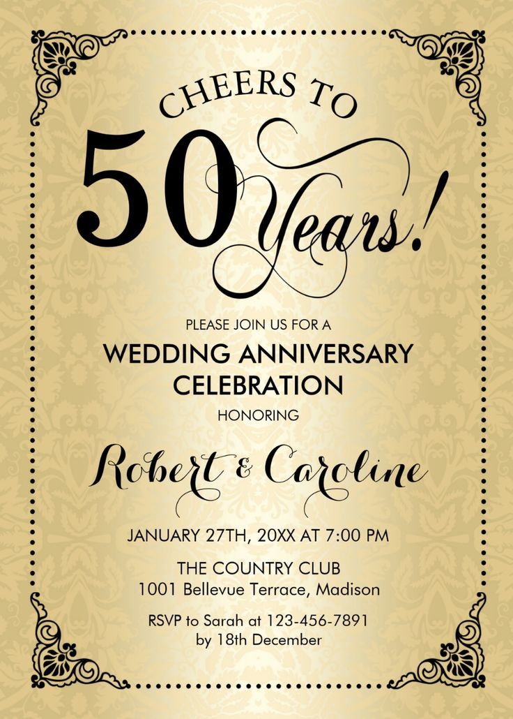 an elegant 50th anniversary party card with the words cheers to 50 years in black and gold