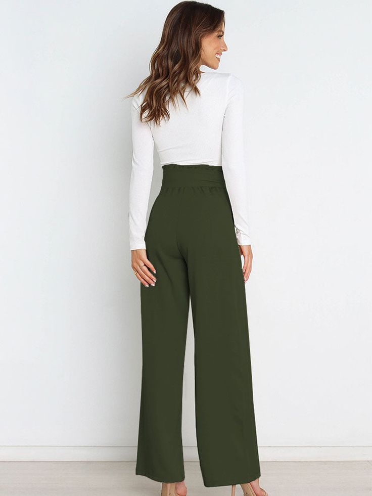 Material:100% Polyester. Features:High waist. solid color. knot. flare bottom with a belt.Style: Casual Casual Belted Wide Leg Pants For Fall, Casual Stretch Belted Bottoms, Chic Belted Pants For Fall, Belted Fall Pants In Solid Color, Spring Solid Wide Leg Pants With Tie Waist, Versatile Solid Bottoms With Tie Waist, Solid Color Belted Paperbag Waist Bottoms, Casual Solid Colored Belted Pants, Casual High Waist Wide Leg Pants With Tie Waist