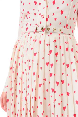 Heart Print Shirt Dress – Monique Lhuillier Playful Fitted Dress With Heart Print, Pink Heart Print Dresses, White Cotton Dress With Heart Print, Playful Pink Heart Print Dress, Playful Strawberry Print Spring Dress, Dress With Pleated Skirt, Print Shirt Dress, Printed Shirt Dress, Monique Lhuillier