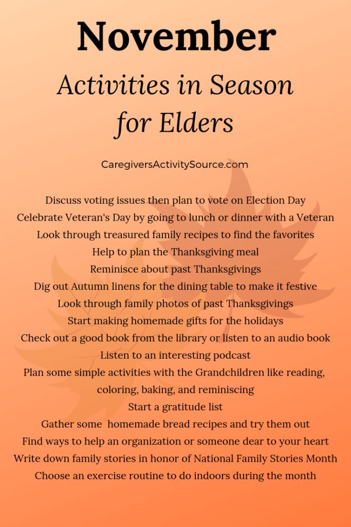 an orange and black poster with the words november activities in season for elders on it