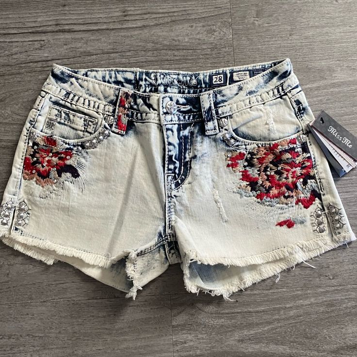 So Stinkin’ Cute For Summer!!! Miss Me Jean Shorts Has Embroidery On Front And Back Pockets With Rhinestones Mixed In, Split Seams/Hem With Rivets And A Stitched Frayed Hem. These Are New With Tags! All Measurements Are Pictured Smoke/Pet Free Home Casual Embellished Jean Shorts For Spring, Casual Embellished Denim Bottoms, Embellished Denim Jean Shorts Casual Style, Embellished Denim Jean Shorts In Casual Style, Casual Embellished Shorts For Spring, Casual Embellished Denim Jean Shorts, Embellished Casual Jean Shorts, Casual Embellished Jean Shorts, Casual Embellished Denim Shorts