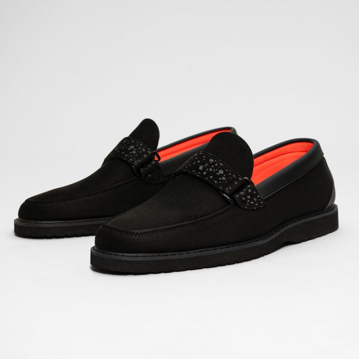 Casual Loafer With Soft Light Weight Foam Sole.. Made With Premium Soft Fiber Upper. Made With Soft Lycra Lining And Removable Soft Eva Insole For Comfort. Toe Shape Round Pattern Solid Closure Lace Up Width Standard Upper Mat Leather Upper Color Black Lining Mat Mesh Lining Color Orange Insole Mat Foam Insole Color Orange Welt Mat Rubber Welt Color Black Sole Mat Foam Sole Color Black Black Textured Sole Slip-ons For Business Casual, Black Suede Slip-on Dress Shoes, Black Slip-on Loafers With Rubber Sole, Black Loafers With Textured Sole For Business Casual, Black Textured Sole Loafers For Business Casual, Black Suede Slip-ons For Business, Black Loafers With Contrast Sole For Business, Black Slip-on Moccasins With Textured Sole, Black Low-top Loafers With Brogue Detailing